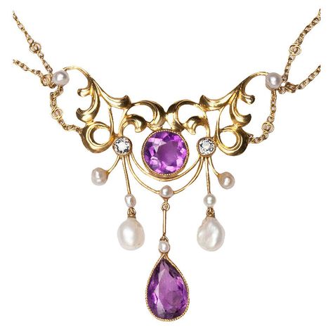 Amethyst Diamond and Pearl Art Nouveau Necklace USA c.1900 Antique Pearl Necklace, Pearl Gold Necklace, Art Nouveau Necklaces, Bijoux Art Nouveau, Natural Pearl Necklace, Gold Pearl Necklace, Art Nouveau Jewelry, Antique Necklace, Amethyst Jewelry