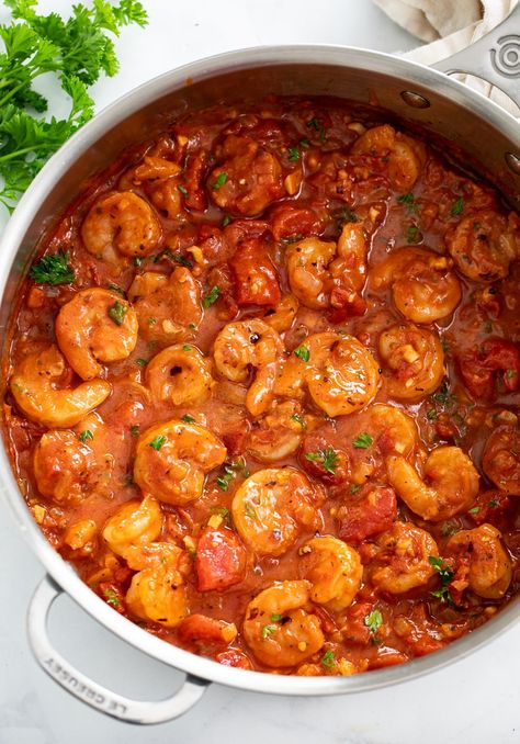 This Shrimp Fra Diavolo has perfectly cooked shrimp in a spicy, chunky tomato sauce! It's a great dinner idea to serve with pasta, or as an appetizer with crusty bread! Shrimp Fra Diavolo, Chicken Stir Fry With Noodles, The Cozy Cook, Cozy Cook, Fra Diavolo, Easy Shrimp, Fire Roasted Tomatoes, Spicy Shrimp, Shrimp Dishes