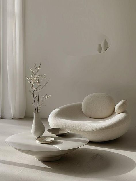 Organic Shape Interior Design, Postmodern Sofa, Minimalist Living Room Lighting, Soft Minimalism Interior, Minimal Sofa Design, Minimal Couch, 2024 Home Decor Trends, Best Greige Paint, Best Greige