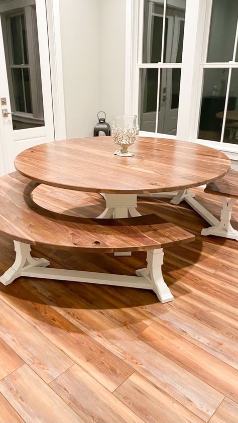 Bench Seat Round Table, Bench For Round Table, Outdoor Dining Round Table, Round Farmhouse Kitchen Table With Bench, Round Bench Dining Table, Large Round Kitchen Table, Circle Table With Bench, Round Table Corner Bench, Round Table With Bench Seating