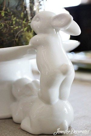 Easter Table Decorating Ideas Jennifer Decorates, Apartment Decoration Ideas, Table Decorating Ideas, Bunny Dishes, Art Deco Statue, Table Decorating, Apartment Decoration, Animal Planters, Easter Parade