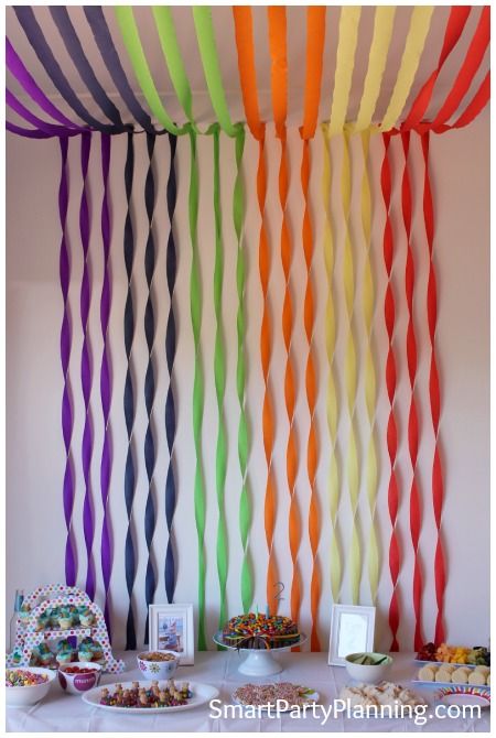 Rainbow party backdrop #Rainbow #BackdropDecoration.  Possible with tulle also. Pride Brunch, Birthday Decoration Ideas, Pony Birthday Party, Decoration For Ganpati, Rainbow Parties, Simple Birthday Decorations, Birthday Party Decorations Diy, Easy Birthday, Rainbow Birthday Party