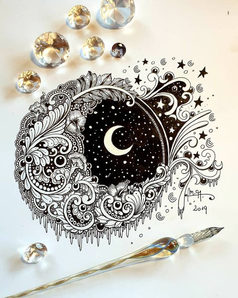 To the moon and back....the moon and me...endless Story...my work today, very sunny hot weather in Germany...i love the sun but I prefer… Moon Zentangle, Creative Drawing Ideas, Drawing Ideas Creative, Drawing Themes, 10 Tattoo, Tree Drawings Pencil, Art Sketches Pencil, Unique Drawings, Small Drawings