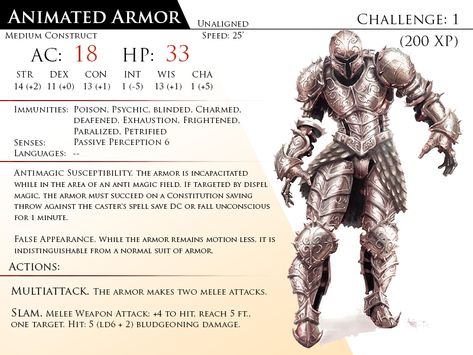 Animated Armor Dnd, Animated Armor, 5e Monsters, Dnd Stats, Dungeon Master's Guide, Dnd 5e Homebrew, D D Monsters, Dragon Rpg, Monster Cards