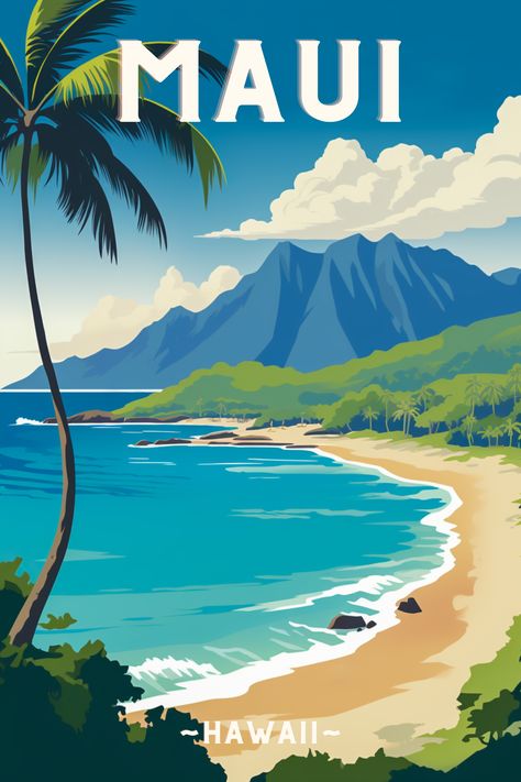 Hawaii Vintage, طابع بريدي, Postal Vintage, Travel Poster Design, Vintage Poster Design, Retro Travel Poster, Beach Posters, Kauai Hawaii, Vintage Travel Poster