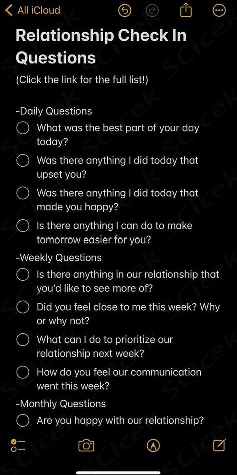 These 75 Relationship Check In Questions For Couples will help you ask your partner important questions about your relationship and how things are going. There is a list of Daily, Weekly, & Monthly questions to ask your spouse, boyfriend, girlfriend, fiancé, etc. Great for long distance couples as well!  ... daha fazla Relationship Questions Boyfriends, Relationship Check Up Questions, Questions For Bf And Gf, Daily Relationship Check In Questions, Couples Weekly Check In Questions, Daily Questions To Ask Your Boyfriend, Things To Ask In A New Relationship, Monthly Relationship Check In, Monthly Couple Check In Questions