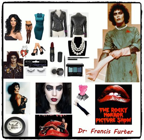 A female Dr. Frank N Furter cosplay collage. My version of the infamous Tim Curry character only the opposite gender and a little more chic! Frank N Furter Costume Diy, Frank N Furter Costume Female, Frank N Furter Cosplay, Rhps Aesthetic, Frankenfurter Costume, Dr Frankenfurter Costume, Dr Frankenfurter Costume Women, Frank N Furter Costume, Horror Outfits