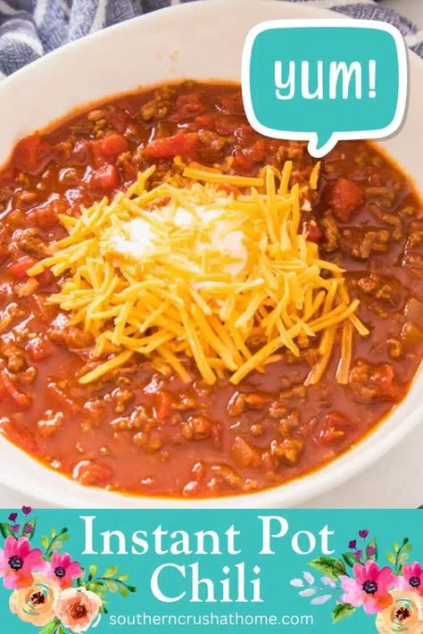 Pioneer Woman Instant Pot Chili - Southern Crush at Home Instant Pot Chili No Beans, Chili No Beans Recipe, Chili No Beans, Crockpot Chicken Taco Soup, Chili Instant Pot, Instant Pot Chili Recipe, Instant Pot Chili, Beef Chili Recipe, Chili Toppings