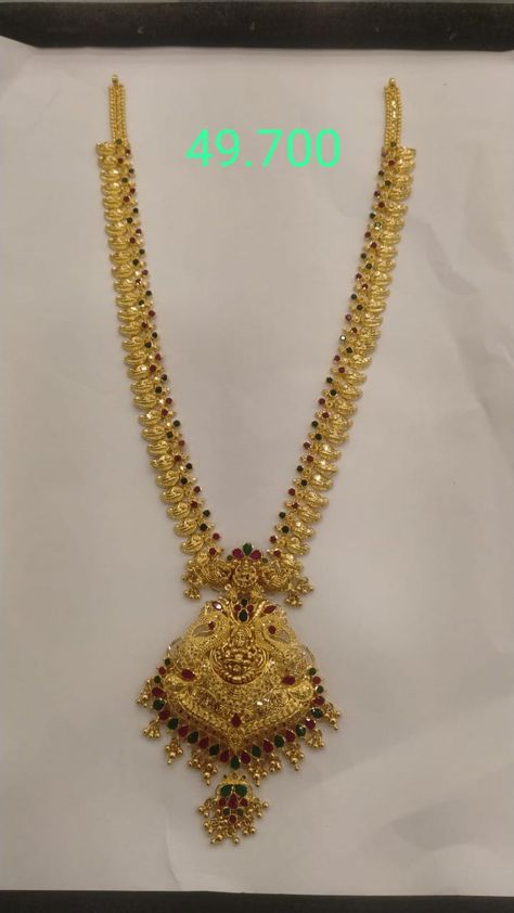 Gold Kasumala Designs, 30 Grams Gold Haram Designs, Gold Haram Designs Indian, Haram Designs Gold Latest, Long Chain Earrings Gold, Gold Haram Designs, Pretty Gold Necklaces, Mango Haram, Simple Necklace Designs