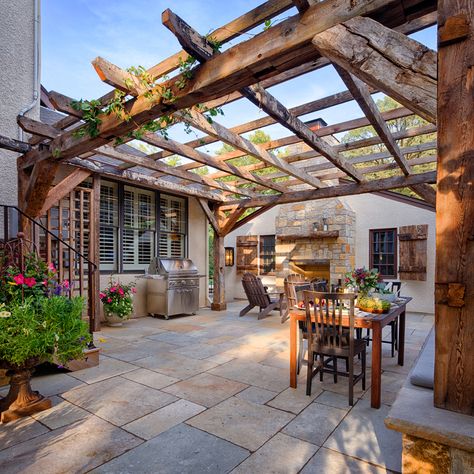 Tuscan-inspired patio with barnwood pergola Vertical Panorama, Creek Ideas, Wooden Ceiling, Wood Pergola, Outdoor Entertainment, Backyard Paradise, Diy Backyard Landscaping, Water Features In The Garden, Farm Design