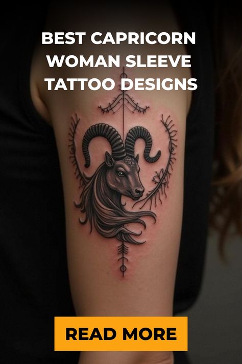 Best Capricorn Woman Sleeve Tattoo Designs Woman Sleeve Tattoo Ideas, Woman Sleeve Tattoo, Artistic Tattoo Ideas, Pentagram Tattoo, Women's Shoulder Tattoo, Sleeve Tattoo Designs, Woman Sleeve, Capricorn Woman, Earthy Elements