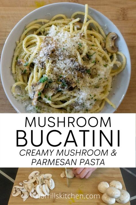 Bucatini Recipes, Weeknight Pasta, Bucatini Pasta, Pasta Party, Parmesan Pasta, Pasta Dinner Recipes, Mushroom Pasta, Pasta Sauce Recipes, Allergy Free Recipes