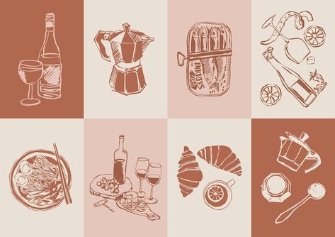 Vector minimalist hand drawn food and dr... | Premium Vector #Freepik #vector Print Shop Branding, Drink Vector, Drawn Food, Graphic Shirt Design, Shop Branding, Minimalistic Art, Draw Ideas, Hand Drawn Icons, Wall Art Gallery