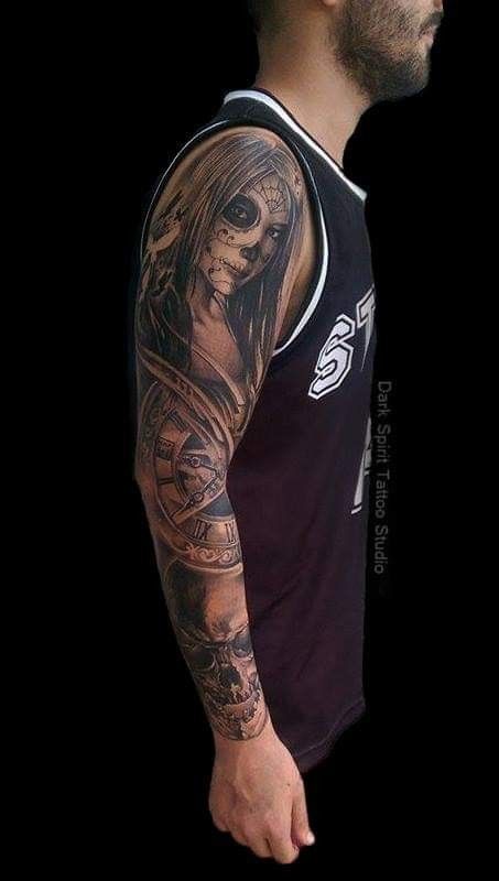 Day Of The Dead Sleeve Tattoo, Day Of The Dead Tattoo, Shading Tattoo, Dead Tattoo, Full Hand Tattoo, Tattoo Black And Grey, Black And Grey Tattoo, Tattoo Shading, Skull Sleeve Tattoos