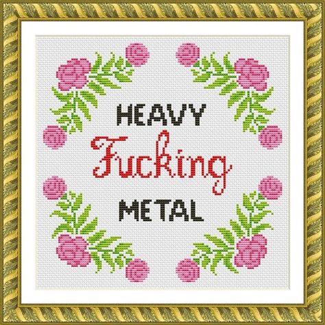 Metal Cross Stitch, Blackwork Cross Stitch, Funny Cross Stitch, Stitch Stuff, Music Funny, Embroidery Crochet, Funny Cross Stitch Patterns, Subversive Cross Stitch, Cat Cross Stitch Pattern