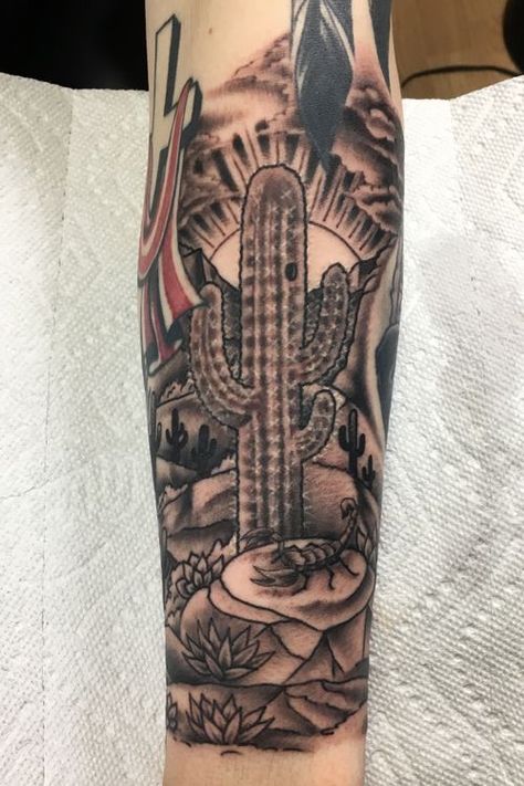 Desert Tattoo Sleeve, Tattoo On Calf, Tattoo Cactus, Desert Tattoo, Pin Up Tattoo, Red Cactus, Cactus Tattoo, Bottle Tattoo, Scorpion Tattoo