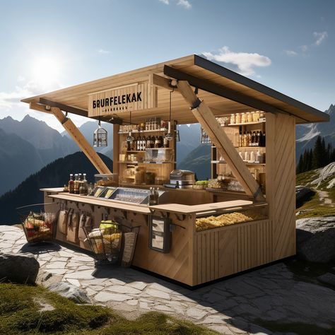 Wooden kiosks in the mountains Wooden Kiosk Design, Creator Hub, Food Stall Design, Fire Festival, Kiosk Design, Beach Cafe, Cool Wood Projects, Stall Designs, Food Trailer