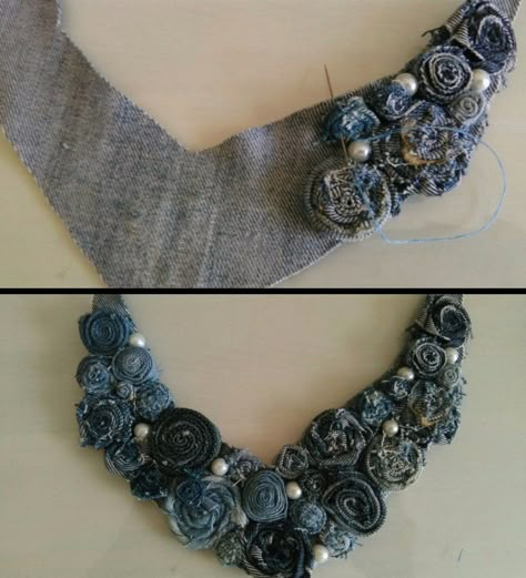 Upcycling Clothing, Fabric Flower Necklace, Denim Earrings, Denim Crafts Diy, Fiber Art Jewelry, Blue Jeans Crafts, Denim And Diamonds, Denim Jewelry, Denim Flowers