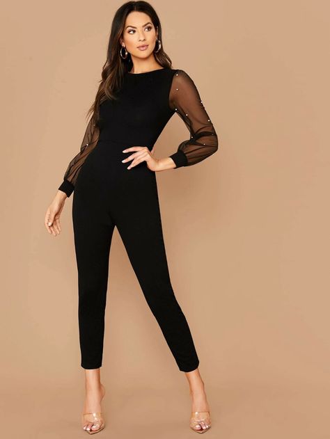 SHEIN Faux Pearl Sheer Mesh Sleeve Jumpsuit | SHEIN USA Jackets Style, Outfit Elegantes, Fitted Jumpsuit, Jumpsuit Outfit, Knit Jumpsuit, Mesh Sleeves, Formal Looks, Preppy Outfits, Sheer Sleeves