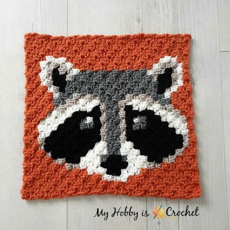 Racoon C2C Square - Free Crochet Pattern Lovey Crochet Pattern Free, Crochet Racoon, Lovey Free Pattern, Crochet Pattern Graph, Crochet Raccoon, C2c Patterns, Lovey Crochet Pattern, Crochet C2c Pattern, Clothing Embroidery