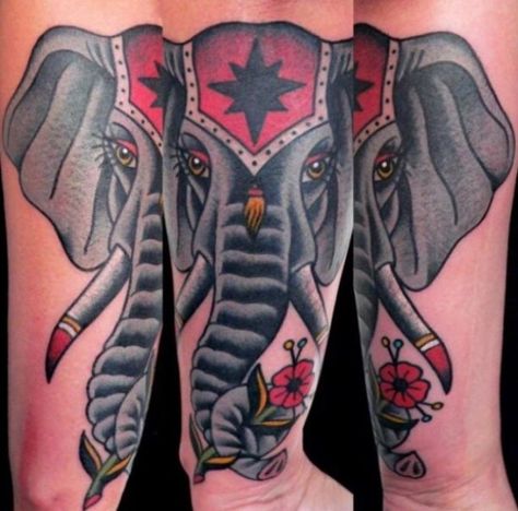 Old School Elephant Tattoo, Traditional Tattoo Elephant, Circus Tattoos, Awesome Tattoo Designs, Elephant Head Tattoo, Tattoo Elephant, Old School Traditional, Traditional Tattoo Inspiration, Elephant Tattoo Design