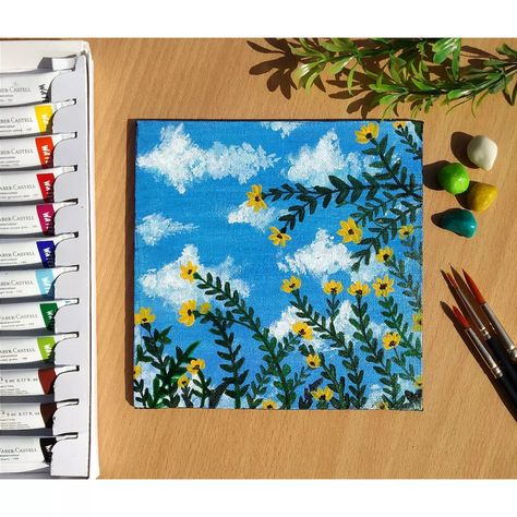 Scenery Painting On Small Canvas, Small Square Paintings, Square Canvas Painting Ideas, Painting On A Small Canvas, Acrylic Sky, Minimal Art Design, Acrylic Art Projects, Sky Art Painting, Boho Art Drawings