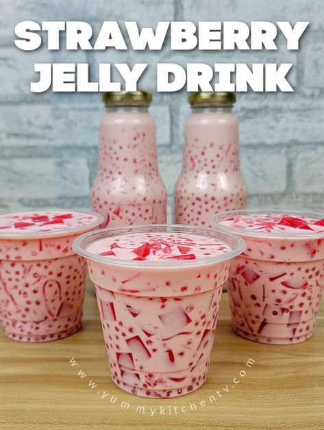 Watermelon Jelly Recipe, Korean Drinks Recipe, Jelly Drink, Almond Jelly, Tapioca Pearl, Korean Drinks, Watermelon Jelly, Milk Jelly, Filipino Food Dessert