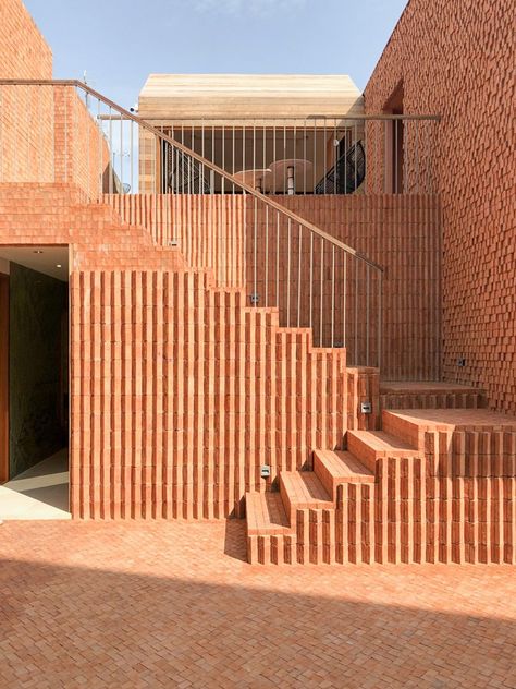 handmade bricks form the 'baan pomphet' restaurant in ayutthaya, thailand Architecture Restaurant, Ayutthaya Thailand, Riad Marrakech, Building Foundation, Contemporary Building, Hotel Building, Brick Architecture, Wooden Staircases, Wooden Stairs