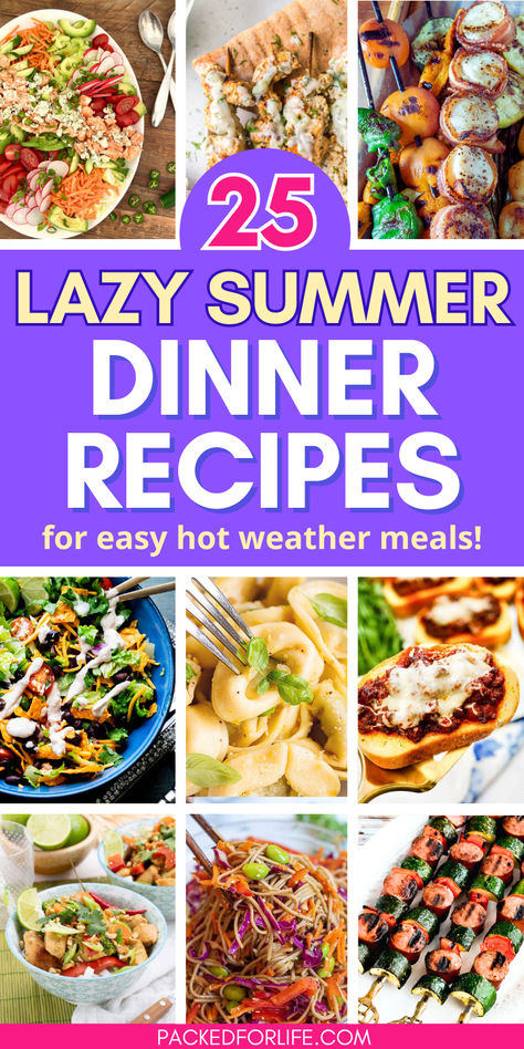 Nine summer dinner recipes; salads, tacos, grilled skewers, tortillini salad. No Grill Summer Dinners, Yummy Summer Meals, Easy Meals When Its Hot Out, Easy Summer Time Meals, Dinner Ideas Not Chicken, Dinners On Hot Summer Days, Easy Dinner Recipes For Family Summer, Easy Dinner Summer Recipes, Summer Family Dinner Ideas Easy Recipes