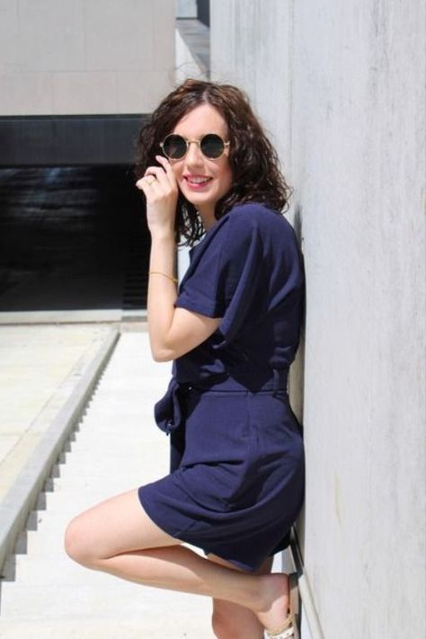 Claudia's gorgeous style in her Vetinee navy blue short sleeves keyhole-back belted romper. Summer Belt, Short Sleeve Jumpsuit, Belted Romper, Short Sleeve Jumpsuits, Navy Blue Shorts, Jumpsuit With Sleeves, Playsuit, Trend Setter, Summer Women