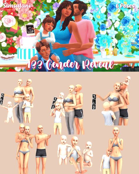 Sims 4 Gender Reveal, Simsulani Poses, Pregnant Child, Sims 4 Poses, New Pose, Sims 4 Couple Poses, Toddler Poses, Sims Baby, Sims 4 Family