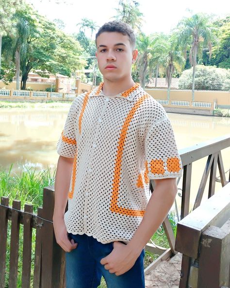 Crochet Menswear, Hexagonal Crochet, Hexagon Crochet, Scarf Cardigan, Crochet Handles, Crochet Men, Cargo Pants Outfit, Crochet Hexagon, Crochet Cap