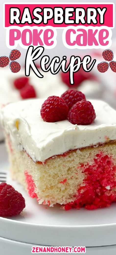 This delicious raspberry jello poke cake consists of a perfect, moist cake filled with raspberry jello and topped with a light Cool Whip frosting. It is a very fresh, fruity, moist and easy cake recipe that anyone can make. Raspberry Zinger Cake, Jello And Cool Whip, Raspberry Desserts Easy, Raspberry Poke Cake, Raspberry Cake Filling, Jello Poke Cake, Raspberry Recipes Dessert, Poke Cake Jello, Raspberry Jello