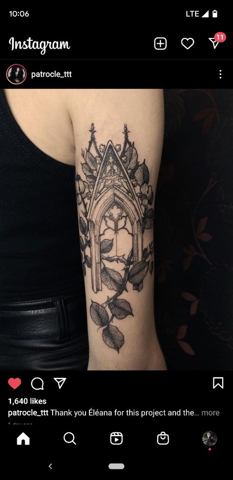 Medieval Heart Tattoo, One Dark Window Tattoo, Framed Art Tattoo, Gothic Bat Tattoo Designs, Gothic Book Tattoo, Gothic Window Tattoo Design, Frame Tattoo Design Square, Gothic Ornament Tattoo, Dark Themed Tattoos