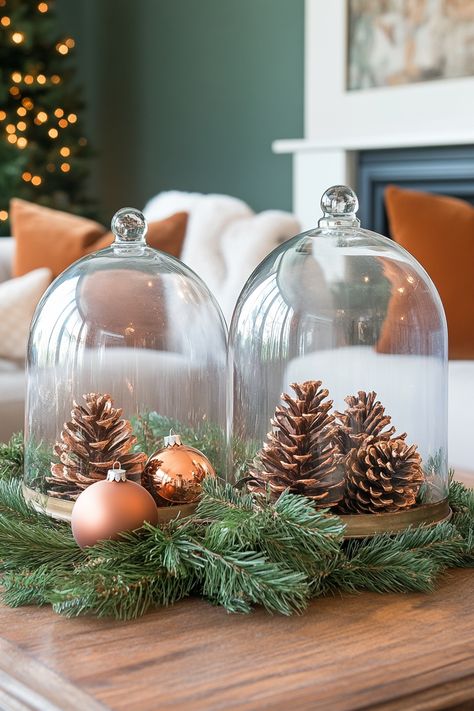 18 Creative Ways to Decorate Your Coffee Table for Christmas Winter Terrarium Ideas, Winter Cloche Ideas, Christmas Cloche Ideas, Cozy Christmas Bedroom Aesthetic, Cozy Coffee Table, Christmas Cloche, Cream Colored Sofa, Cloche Ideas, Table For Christmas