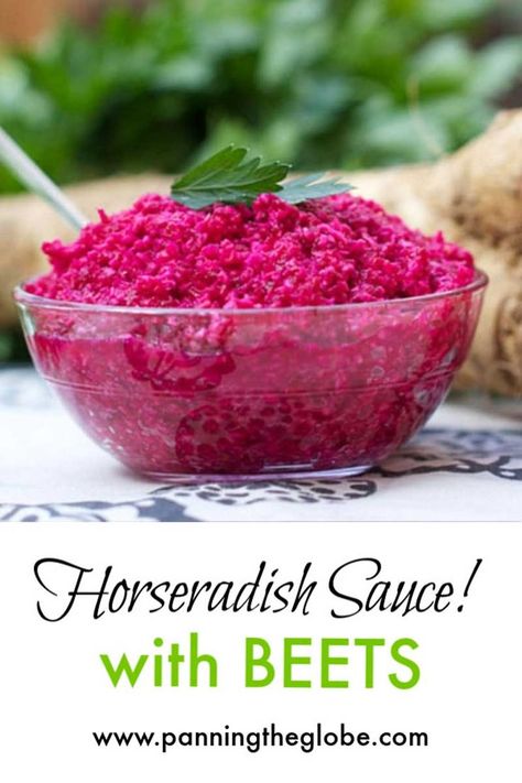 An easy recipe for horseradish sauce with beets. Use your food processor to make this Hot and zesty condiment for fish, beef or lamb. 15 minutes.#HorseradishRoot #HorseradishSauce #Beets Beet Horseradish Recipe, Beet Relish, Horse Radish, Horseradish Recipes, Fresh Horseradish, Radish Recipes, Fresh Beets, Prepared Horseradish, Horseradish Sauce