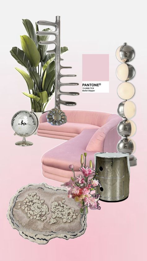 Embrace the beauty of pastel perfection with this chic interior design mood board. The Ballet Slipper pink sofa takes center stage, surrounded by metallic accents and lush greenery that blend retro glam with a futuristic vibe. Add a touch of whimsy to your space with a statement rug and playful decor that spark creativity and joy.                         #RetroGlam #ModernInterior #PastelAesthetic #InteriorInspo #PinkVibes #HomeDecorGoals #DesignMoodBoard #ChicSpaces #EclecticDecor #InteriorStyling Living Room Style Cozy, Design Mood Board, Statement Rug, Chic Interior Design, Playful Decor, Pink Sofa, Retro Glam, Chic Spaces, Spark Creativity