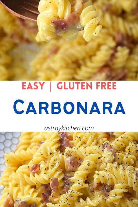 This easy Gluten Free Carbonara has a thick, creamy, and rich cheesy sauce that coats the gluten free rotini perfectly every time. Flavored with smoked gouda and thick, juicy strips of bacon, this dish gets all of your taste buds zinging. Rotini Pasta Recipes, Gluten Free Ravioli, How To Make Noodles, Mac Salad Recipe, Smoked Gouda Cheese, Gluten Free Noodles, Pumpkin Pasta, Best Gluten Free, Pasta Carbonara