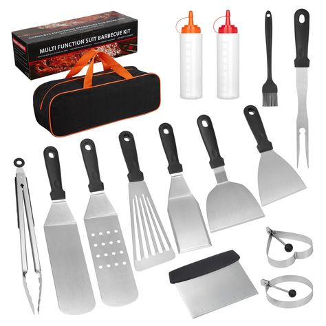 PRICES MAY VARY. 【Grill Accessories Set】The right grilling tools can quickly help you become a grilling master. Our grilling kit includs 1 grill tongs, 1 long griddle spatula, 1 slotted spatula, 1 slotted tumer, 1 small spatula, 1 slant edge scraper, 1 griddle flipper, 1 chopper, 2 egg rings, 2 squeeze bottles, 1 sauce brush, 1 grill fork, 1 storage bag, 1 gift box. 【Premium Meterial】Barbecue tools are crafted from heavy-duty 304 stainless steel. durable, not easy to bend, break, and easy to cle Griddle Accessories, Chef Grill, Egg Ring, Egg Rings, Flat Top Griddle, Camp Chef, Outdoor Kitchen Appliances, Barbecue Tools, Grilling Tools