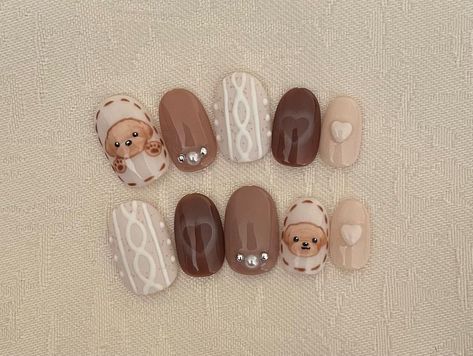 Brown Bear Nails, Teddy Bear Nails, Nail Xmas, Cozy Nails, Bear Nails, Nail Challenge, Japan Nail, Uñas Ideas, Bears Nails