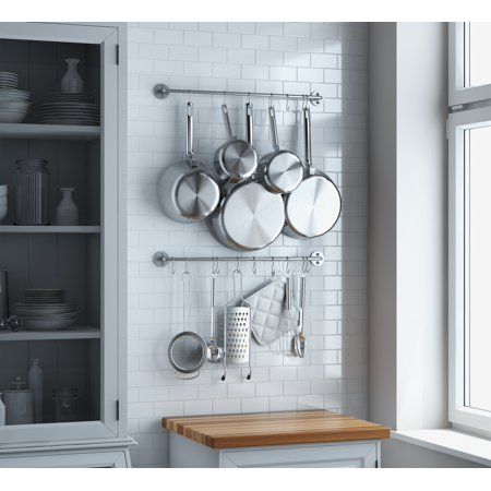 Wallniture Thick Kitchen Wall Mount Rail 24 Inch Hanging Utensil Organizer Rack for Pots Pans Lids Utensils Set of 2 Gray Farmhouse Kitchen Utensils, Wall Mounted Pot Rack, Diy Kitchen Hacks, Small Kitchen Hacks, Pot Lid Organizer, Pan Organizer, Kitchen Diy Ideas, Kitchen Rails, Kitchen Organization Hacks