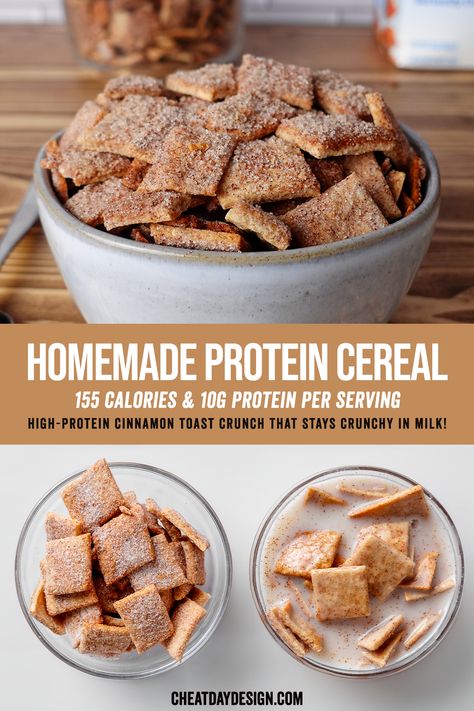 Let's be honest: most protein cereal you find on shelves tastes terrible. It's time to change that! Our homemade protein cereal is easy to make, packed with cinnamon sugar flavor, and includes a generous 10 grams of protein per serving. Protein Powder Dinner Recipes, Homemade Cinnamon Cereal, Low Calorie High Protein Sweet Breakfast, Diy Protein Cereal, Cinnamon Toast Crunch Protein Balls, Vegan Cereal Recipe, Low Calorie Cereal Recipe, Homemade Protein Cereal, Christmas Protein Recipes