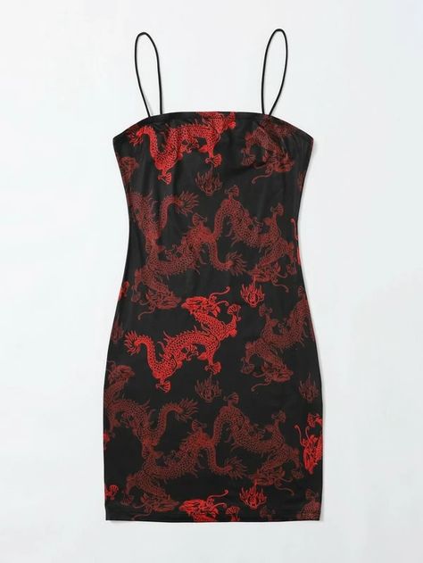 Dragon Print Bodycon Cami Dress | SHEIN Dragon Print Dress, Red Black Party, Tumblr Dress, Shein Icon, Fashion Figures, Dragon Print, Printed Bodycon Dress, Black Dragon, Short Dresses Casual