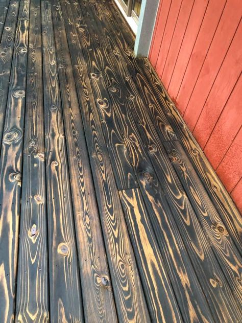 Burnt Wood Walls Interiors, Rustic Deck Ideas, Deck Staining Ideas, Burnt Wood Projects, Burnt Pine Wood, Porch Tile Ideas, Rustic Deck, Burnt Wood Finish, Deck Stain Colors