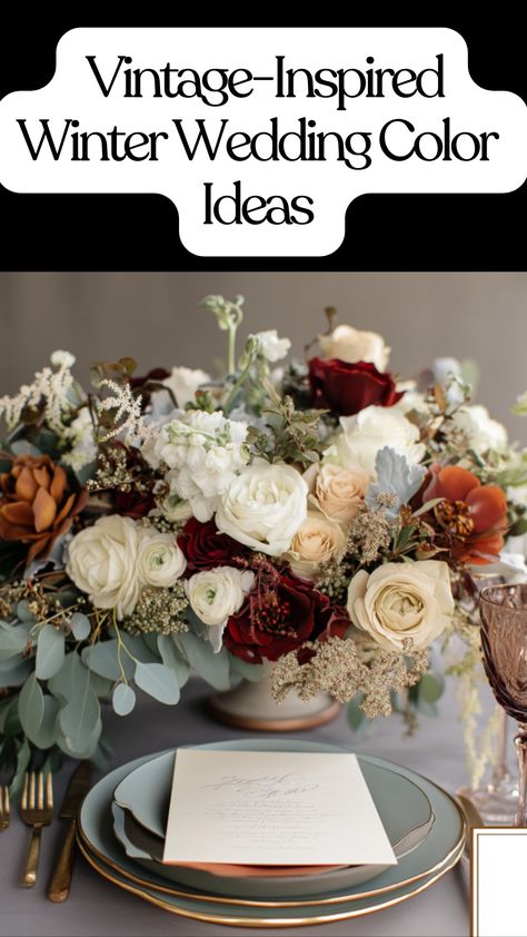 Vintage winter wedding color scheme featuring cream tones, sage green, dusty blue, burnt orange, and maroon burgundy, creating a warm and inviting atmosphere for the perfect celebration. Winter Dusty Blue Wedding, Best Winter Wedding Colors, Winter Florals Wedding, Winter Wedding Colors 2024, Wedding Color Schemes Dusty Blue, Winter Wedding Vibes, Winter Color Palette Wedding, Christmas Wedding Color Palette, Future Elegance