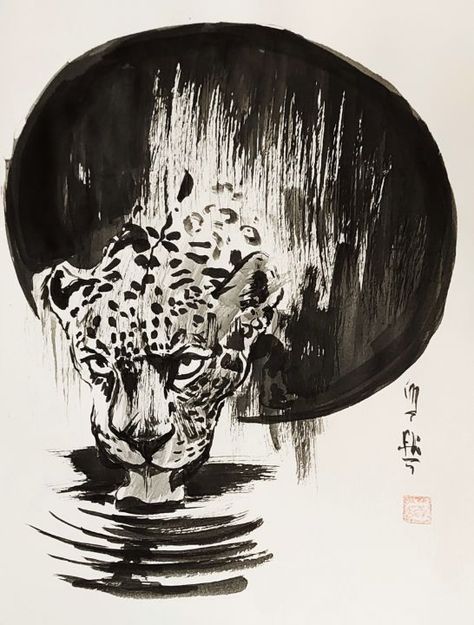 Jaguar drinking water in a pond - manuelunsui Jaguar Drinking Water, Water Sketch, E Flowers, Sumi E Painting, Nature Sketch, Expressive Eyes, Study Architecture, Figure Sketching, Black Moon