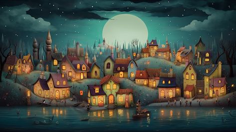 Whimsical village created with AI by Amanda Church Farming Village, Magical Village Art, Fantasy Coastal Village, Fantasy Rural Village, Gothic Village Art, Whimsical Village Art, Art