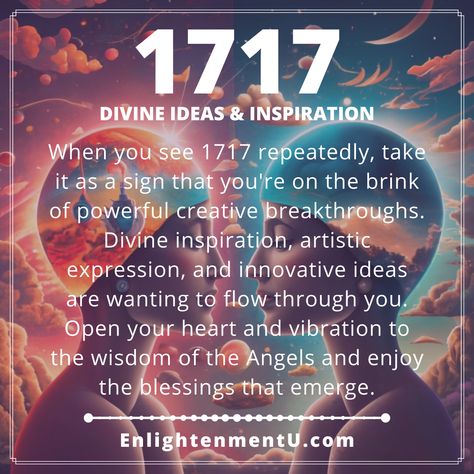 When you see 1717 repeatedly, take it as a sign that you're on the brink of powerful creative breakthroughs. Divine inspiration, artistic expression, and innovative ideas are wanting to flow through you. Open your heart and vibration to the wisdom of the Angels and enjoy the blessings that emerge. 7171 Angel Number, 1711 Angel Number, 171717 Angel Number, 1717 Angel Number Meaning, 17 17 Angel Number, 1717 Angel Number, Trust The Journey, Positive Books, Numerology Life Path