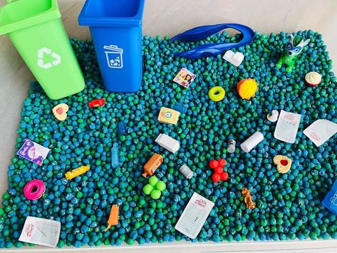 Becky | Sensory Play Ideas| Kids Activity Planner on Instagram: "Earth day sensory bin ready to go ♻️🌍 . . . First of all, how adorable and perfect are these recycle and trash bins 😍?! I saw them at the @dollartree and about died and needed to have them. I used my “mini earth” garbanzo beans as the filler and added a bunch of my daughter’s little Barbie accessories. Also, we can’t forget our recycling paw patrol friend, Rocky ♻️. “Green means go!” I’ll teach them about recycling and then have Garbage Sensory Bin, Trash Sensory Bin, Trash Truck Sensory Bin, Sensory Bins To Sell, Theme Sensory Bin Ideas, Garbage Truck Activities For Toddlers, Recycling Dramatic Play, Paw Patrol Sensory Play, Barbie Sensory Bin