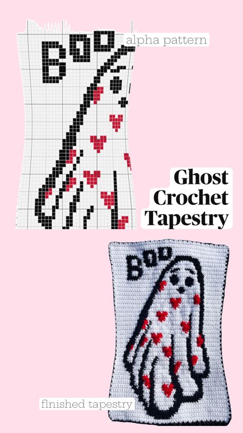 Heart ghost crochet tapestry before and after 👻 ❤️ #crochet #tapestry #crochettapestry Halloween Tapestry Crochet, Ghost Crochet, Halloween Tapestry, Crochet Graph, Halloween Clothes, Crochet Halloween, Graph Design, Crochet Inspo, Andy Biersack